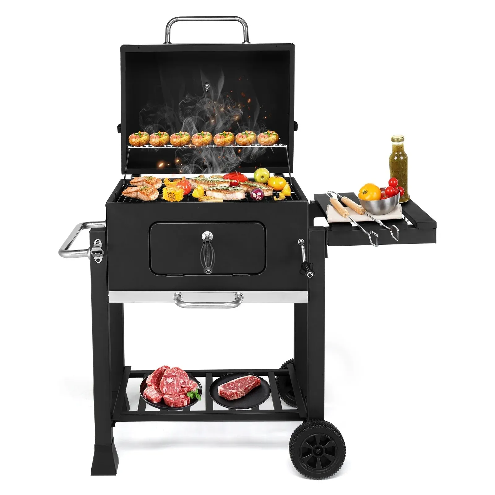 Seizeen 22.5'' Outdoor Heavy-duty BBQ Charcoal Grill Adjustable, Portable Smoker Grill w/ Foldable Side Table, Wheels, Storage Shelf