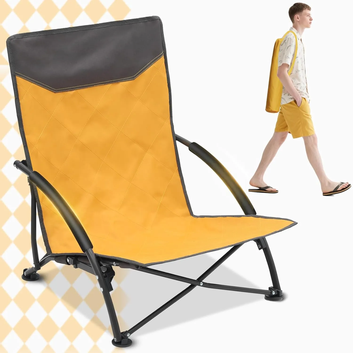 Sekey Portable Beach Chair, Lightweight Camping Chair with Carry Bag, Low Folding Beach Chair for Adults, Compact Ourdoor Chair for Picnic, Fishing and Sports Events, Yellow