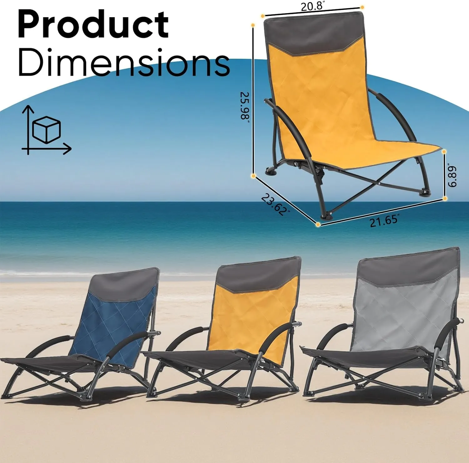 Sekey Portable Beach Chair, Lightweight Camping Chair with Carry Bag, Low Folding Beach Chair for Adults, Compact Ourdoor Chair for Picnic, Fishing and Sports Events, Yellow