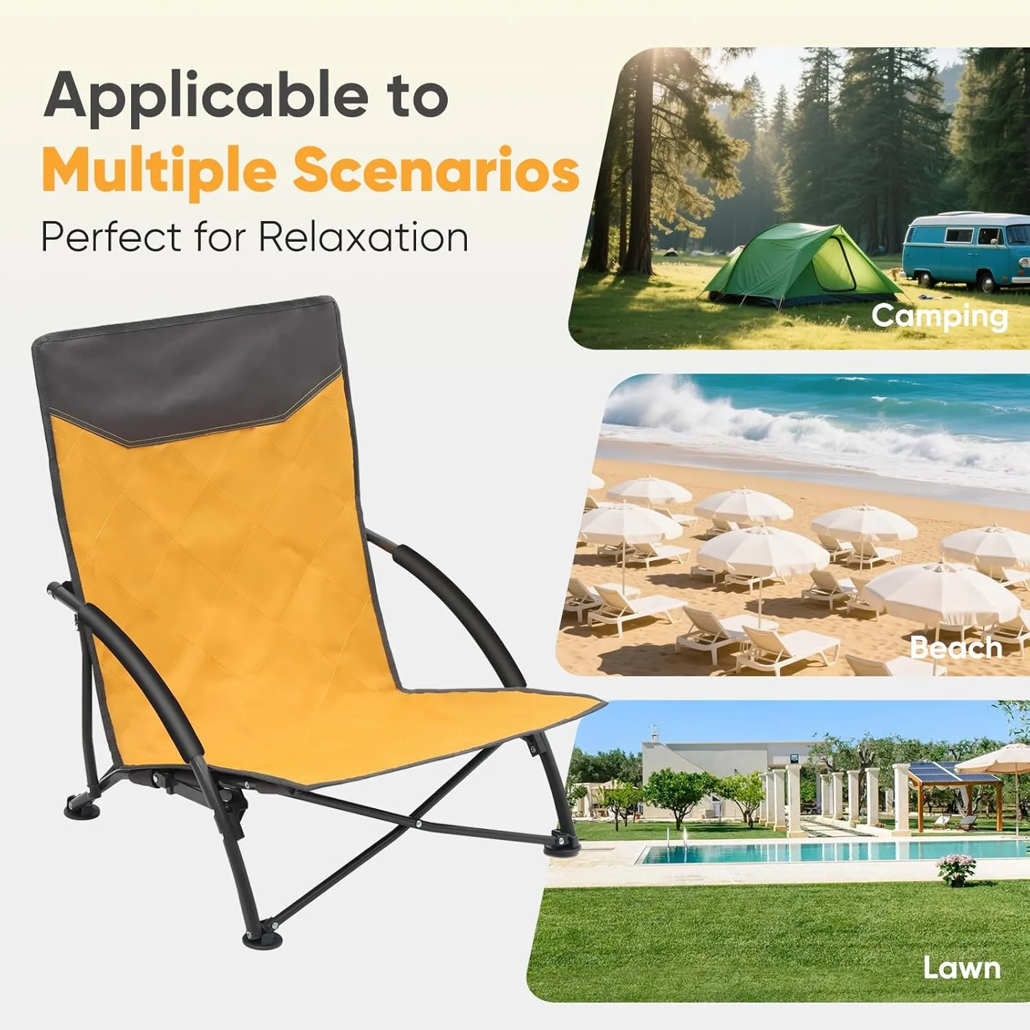 Sekey Portable Beach Chair, Lightweight Camping Chair with Carry Bag, Low Folding Beach Chair for Adults, Compact Ourdoor Chair for Picnic, Fishing and Sports Events, Yellow