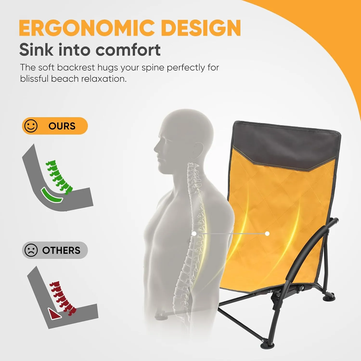 Sekey Portable Beach Chair, Lightweight Camping Chair with Carry Bag, Low Folding Beach Chair for Adults, Compact Ourdoor Chair for Picnic, Fishing and Sports Events, Yellow