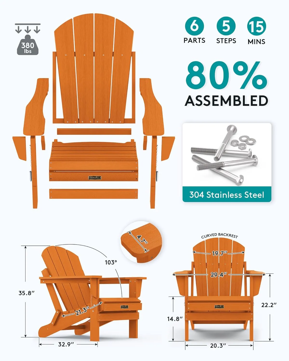 SERWALL Adirondack Chair for Patio Garden Outdoors Fire Pit- Apricot