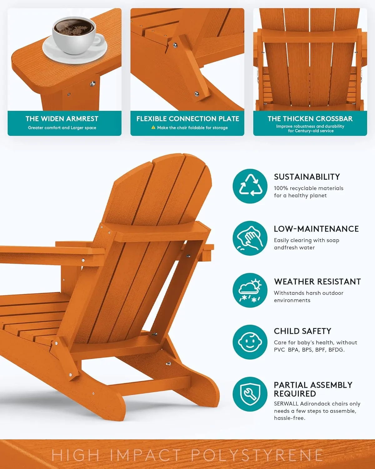 SERWALL Adirondack Chair for Patio Garden Outdoors Fire Pit- Apricot
