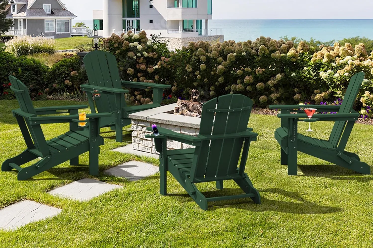 SERWALL Adirondack Chair with Cup Holders - Composite Adirondack Chairs HDPE Outdoor Chairs All Weather Use- Green