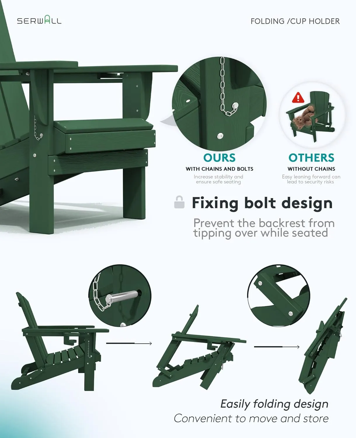 SERWALL Adirondack Chair with Cup Holders - Composite Adirondack Chairs HDPE Outdoor Chairs All Weather Use- Green
