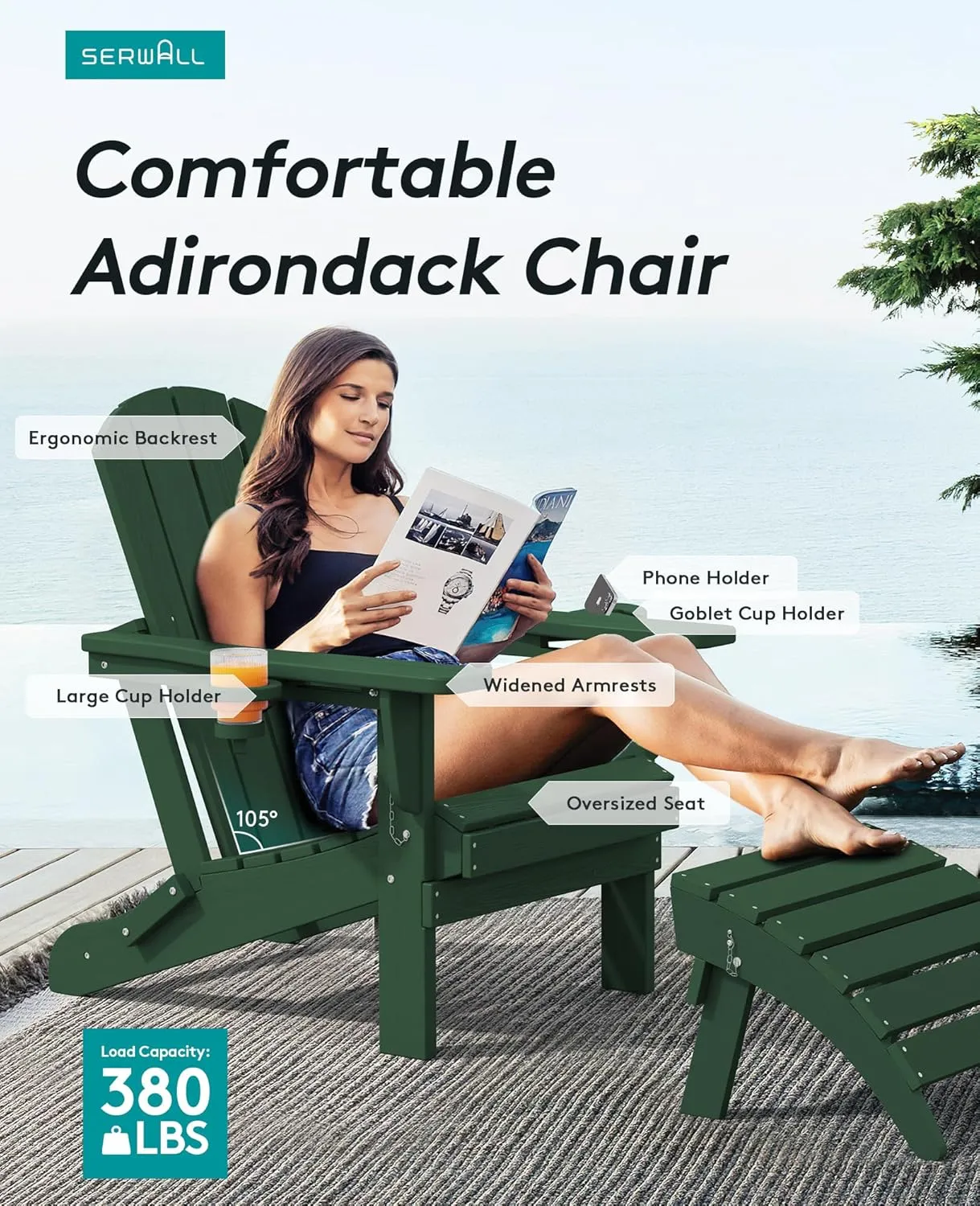 SERWALL Adirondack Chair with Cup Holders - Composite Adirondack Chairs HDPE Outdoor Chairs All Weather Use- Green