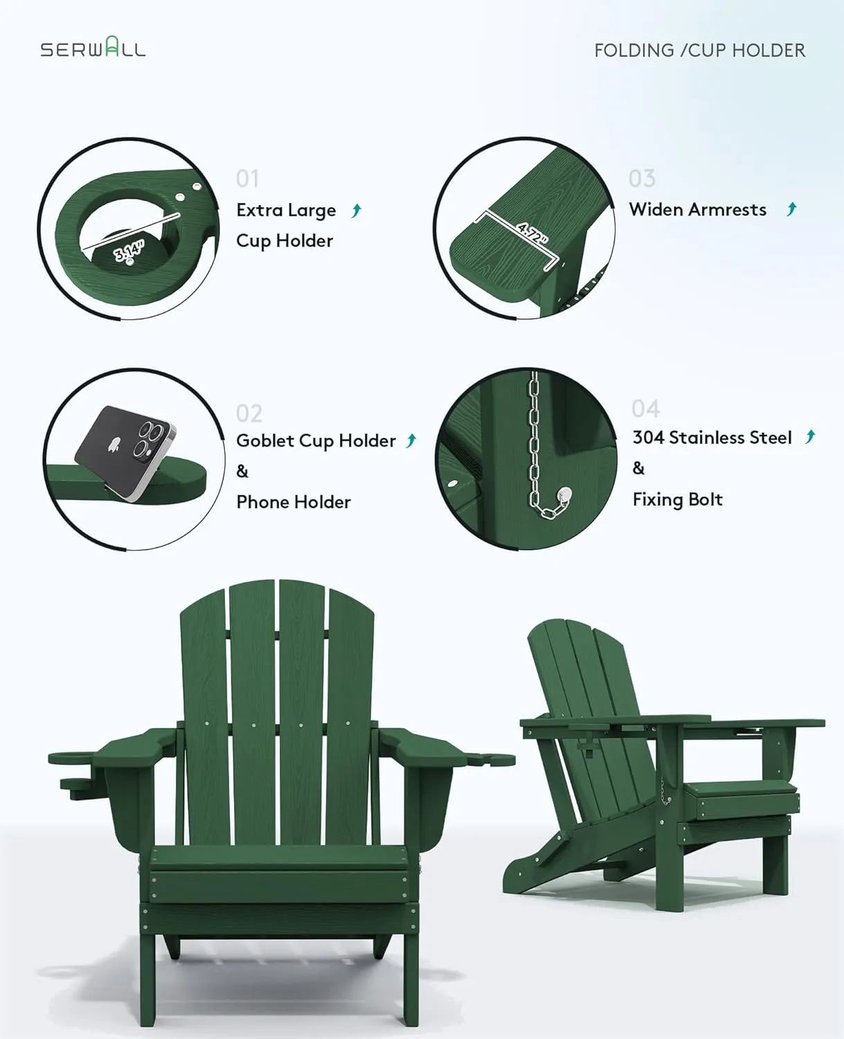 SERWALL Adirondack Chair with Cup Holders - Composite Adirondack Chairs HDPE Outdoor Chairs All Weather Use- Green