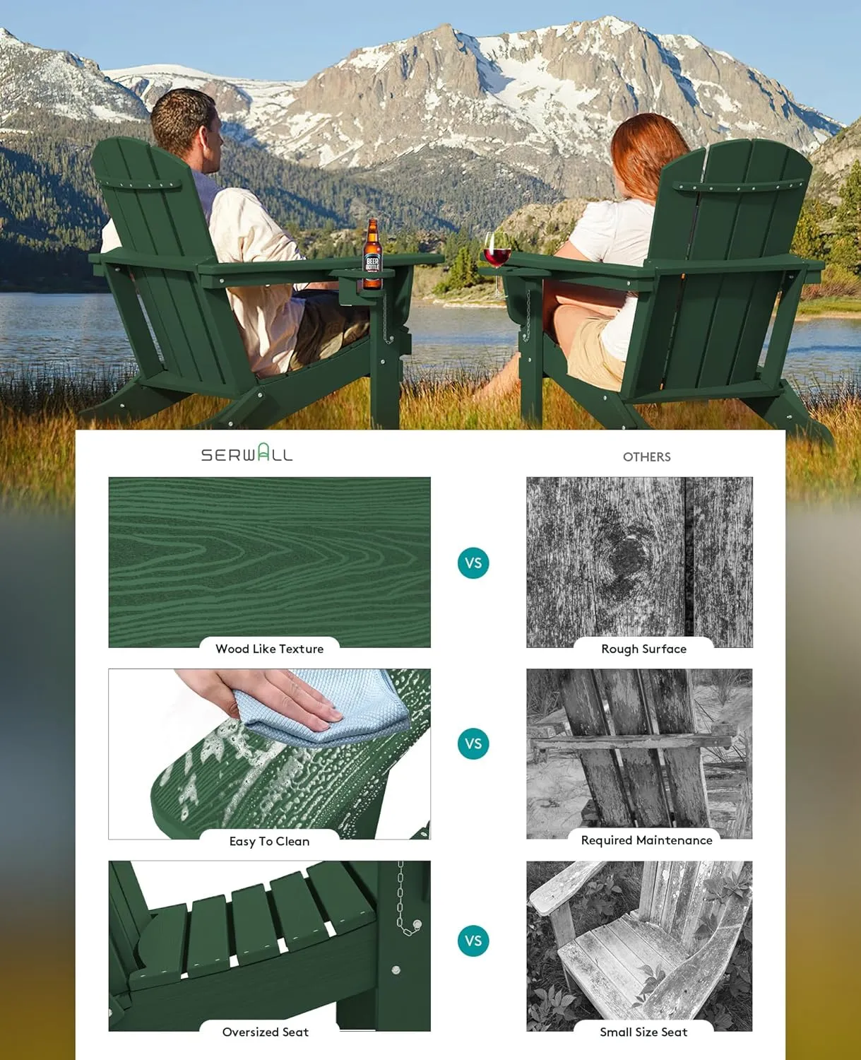 SERWALL Adirondack Chair with Cup Holders - Composite Adirondack Chairs HDPE Outdoor Chairs All Weather Use- Green