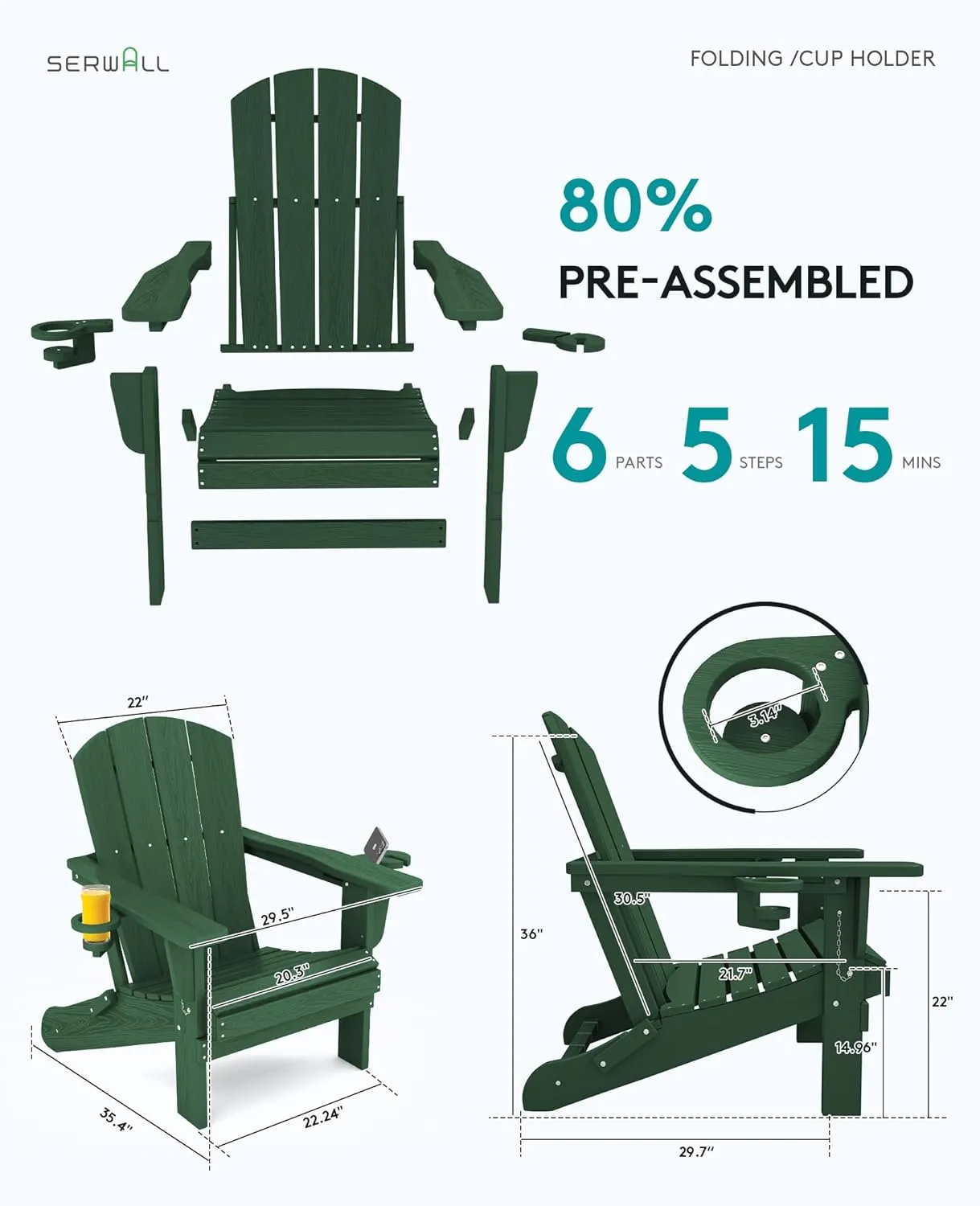 SERWALL Adirondack Chair with Cup Holders - Composite Adirondack Chairs HDPE Outdoor Chairs All Weather Use- Green