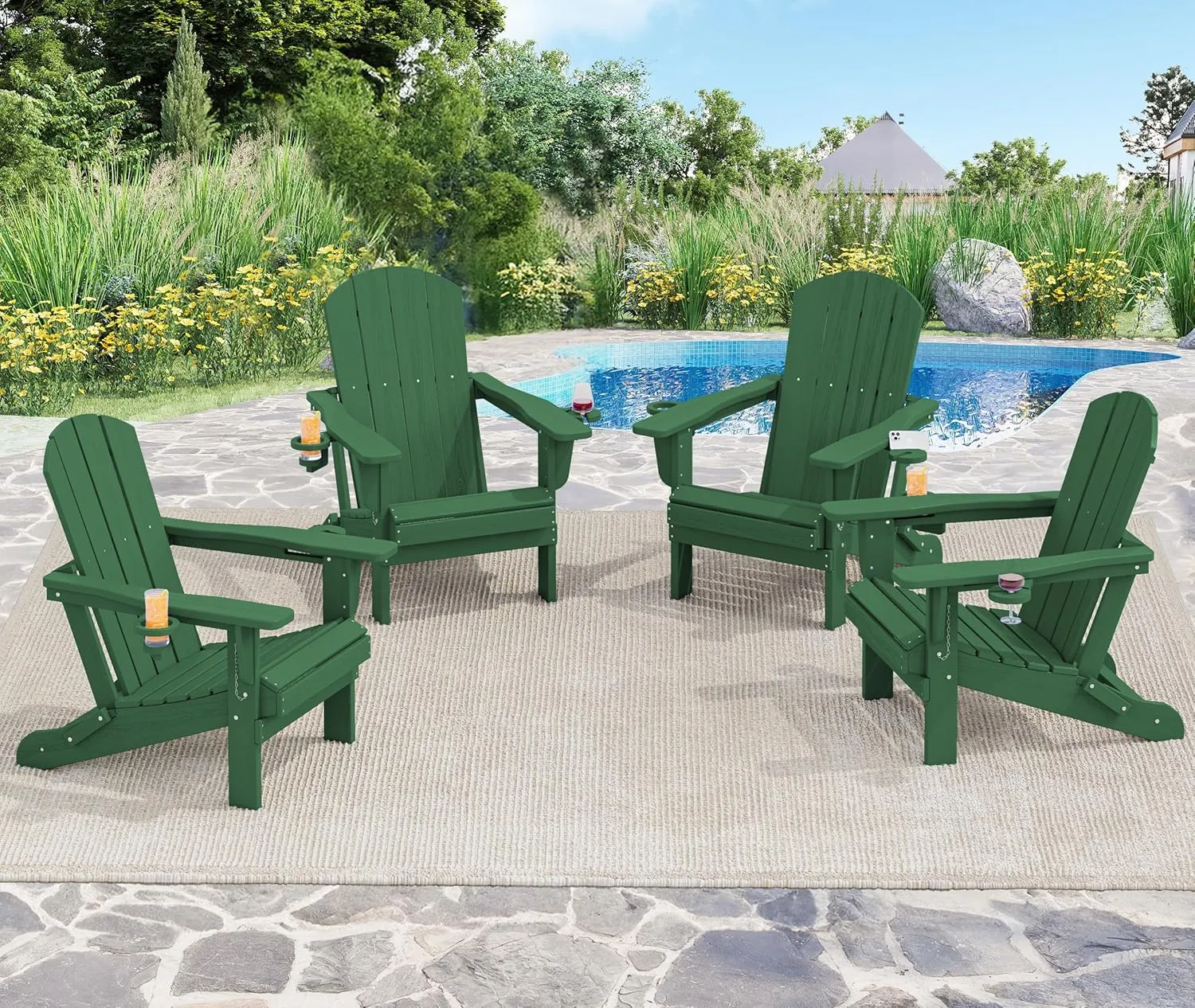 SERWALL Adirondack Chair with Cup Holders - Composite Adirondack Chairs HDPE Outdoor Chairs All Weather Use- Green