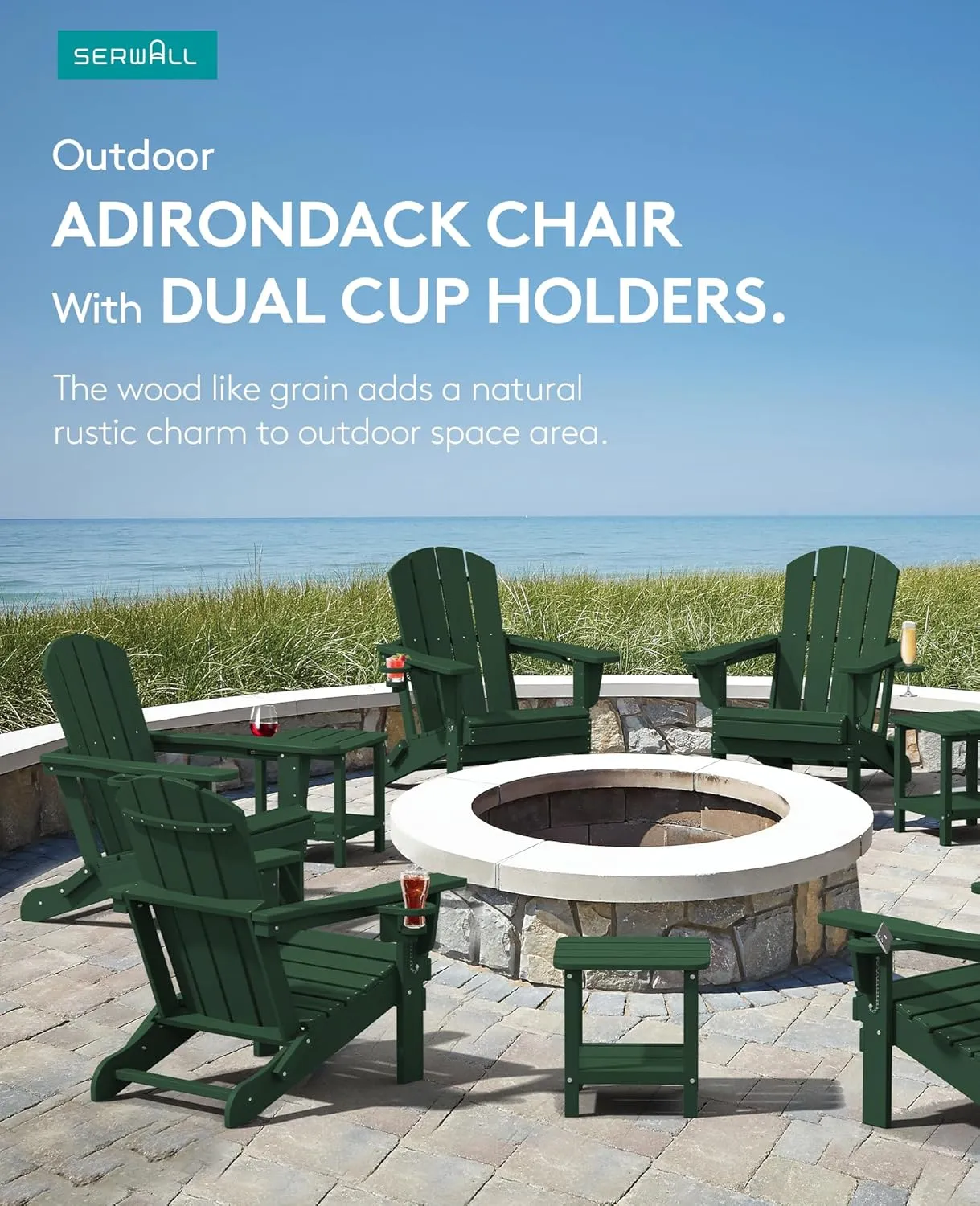 SERWALL Adirondack Chair with Cup Holders - Composite Adirondack Chairs HDPE Outdoor Chairs All Weather Use- Green