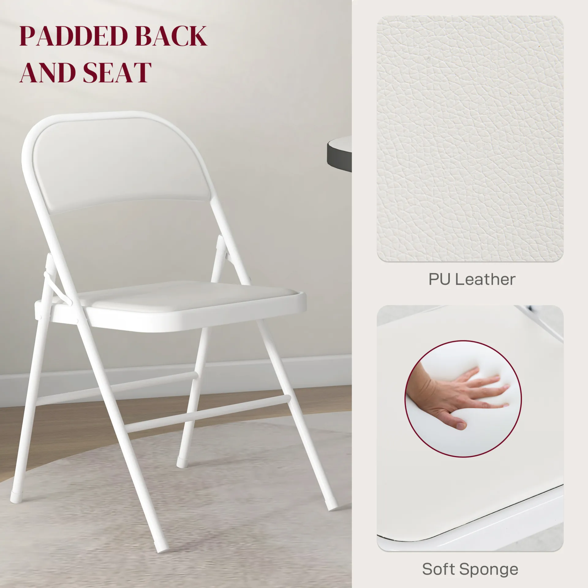 Set of 2 Padded Folding Chairs PU Leather with Cushioned Seat and Metal Frame in White | HOMCOM