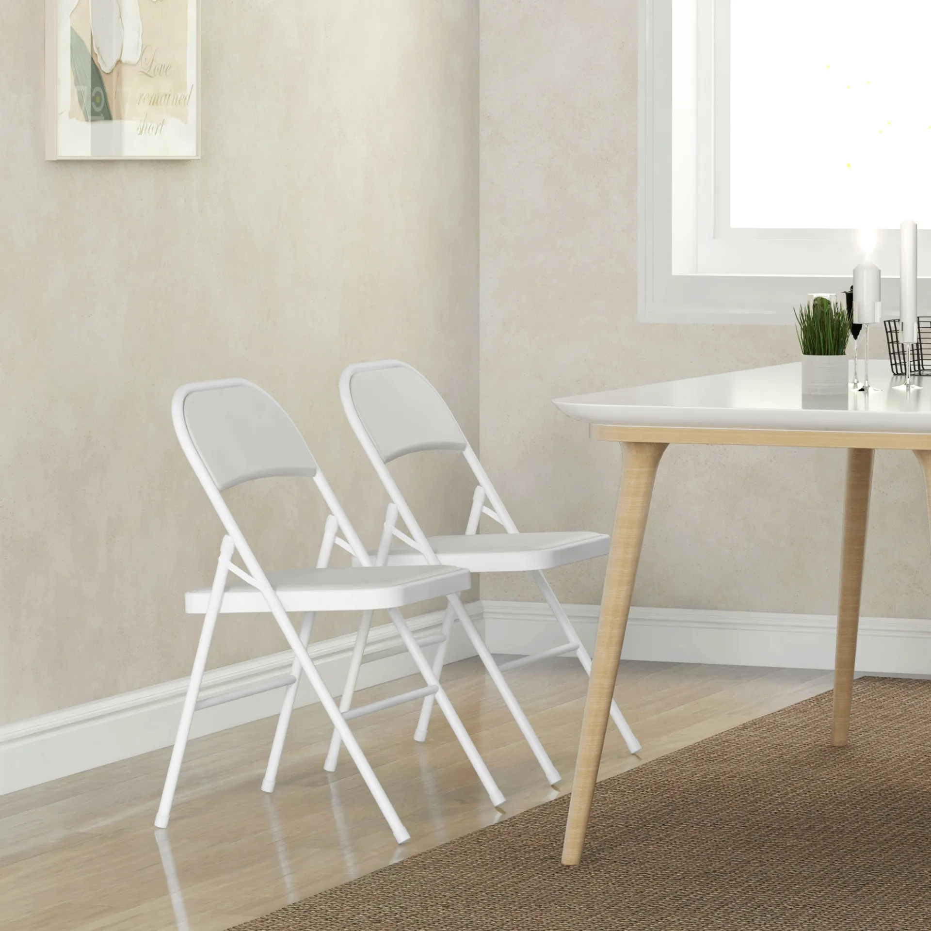 Set of 2 Padded Folding Chairs PU Leather with Cushioned Seat and Metal Frame in White | HOMCOM