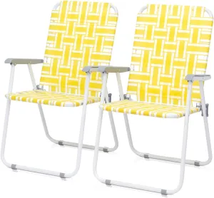 Set of 2 Patio Folding Lawn Chair, Outdoor Beach Camping Webbed Folding Chair for Yard, Garden (Yellow)