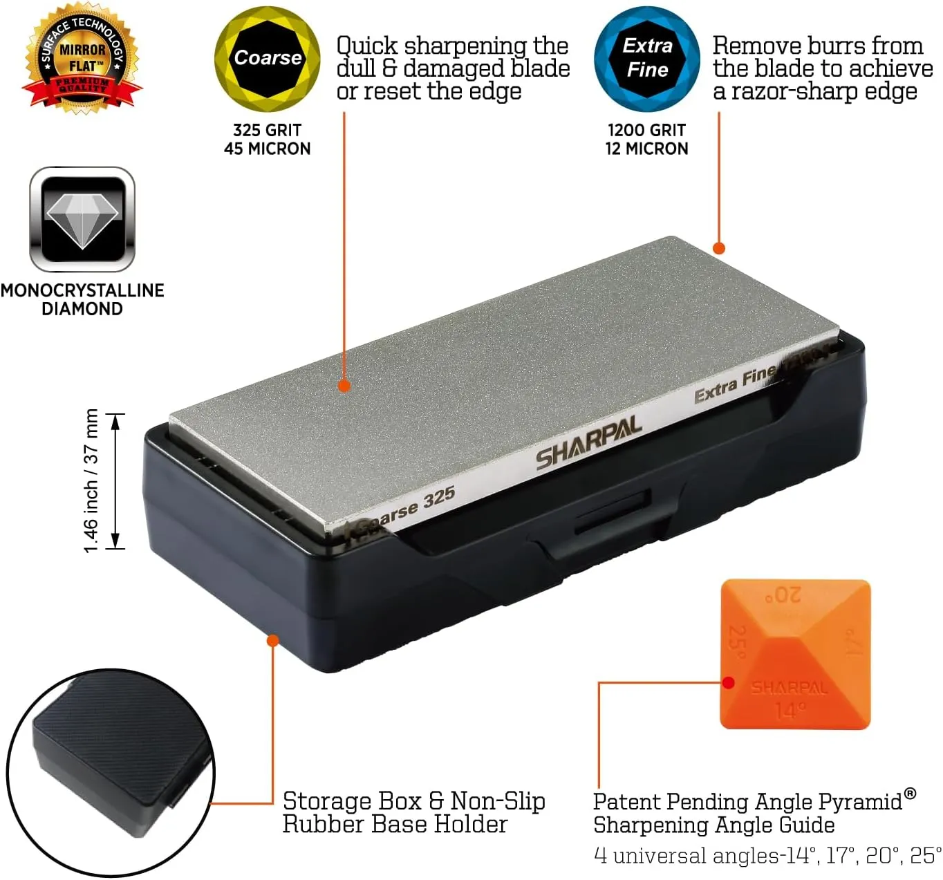 SHARPAL 156N Double-sided Diamond Sharpening Stone Whetstone Knife Sharpener | Coarse 325 / Extra Fine 1200 Grit | Storage Case with NonSlip Base & Angle Guide (6 in. x 2.5 in.)