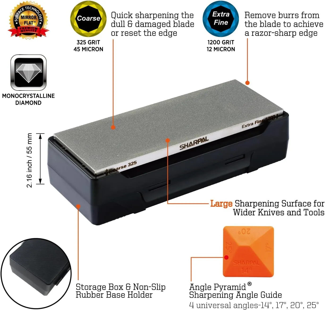 SHARPAL 162N Double-sided Diamond Sharpening Stone Whetstone Knife Sharpener |Coarse 325 / Extra Fine 1200 Grit | Storage Case with NonSlip Base & Angle Guide (8 in. x 3 in.)