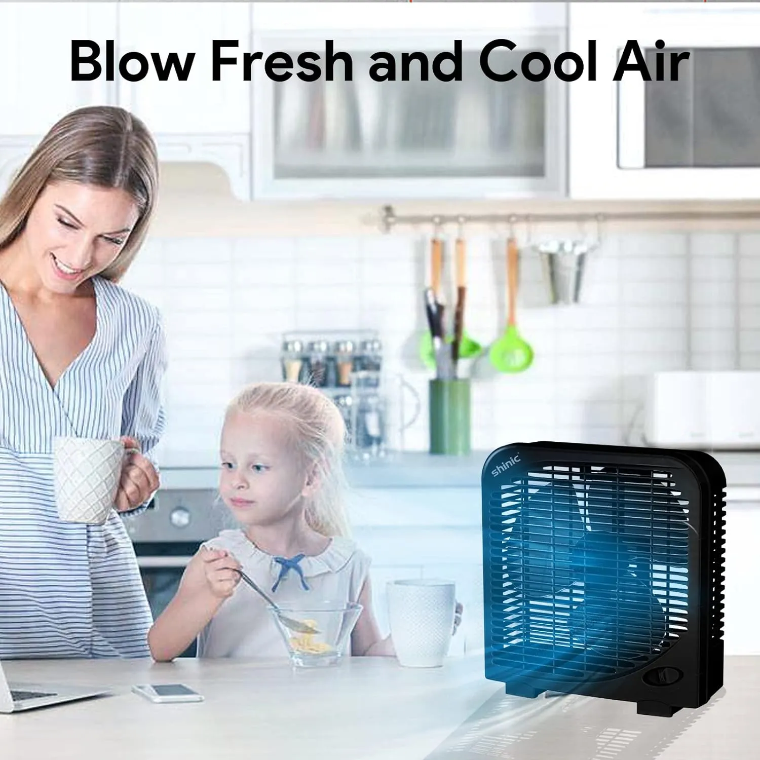 shinic 10" Tabletop Box Fan for Bedroom, 2 Speeds, Quiet Table Fan with Strong Airflow, Energy Efficient Small Box Fan, Portable Kitchen Exhaust Fan for Bedroom Bathroom Office Dorm Workshop, Black
