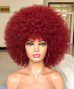 Short Afro Wig with Bangs for Black Women Afro Kinky Curly Wig 70s Premium Synthetic Big Afro Wigs(BUG)
