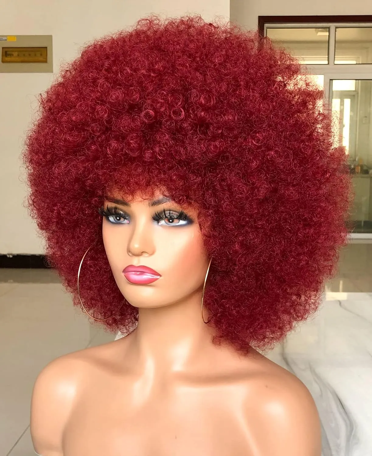 Short Afro Wig with Bangs for Black Women Afro Kinky Curly Wig 70s Premium Synthetic Big Afro Wigs(BUG)