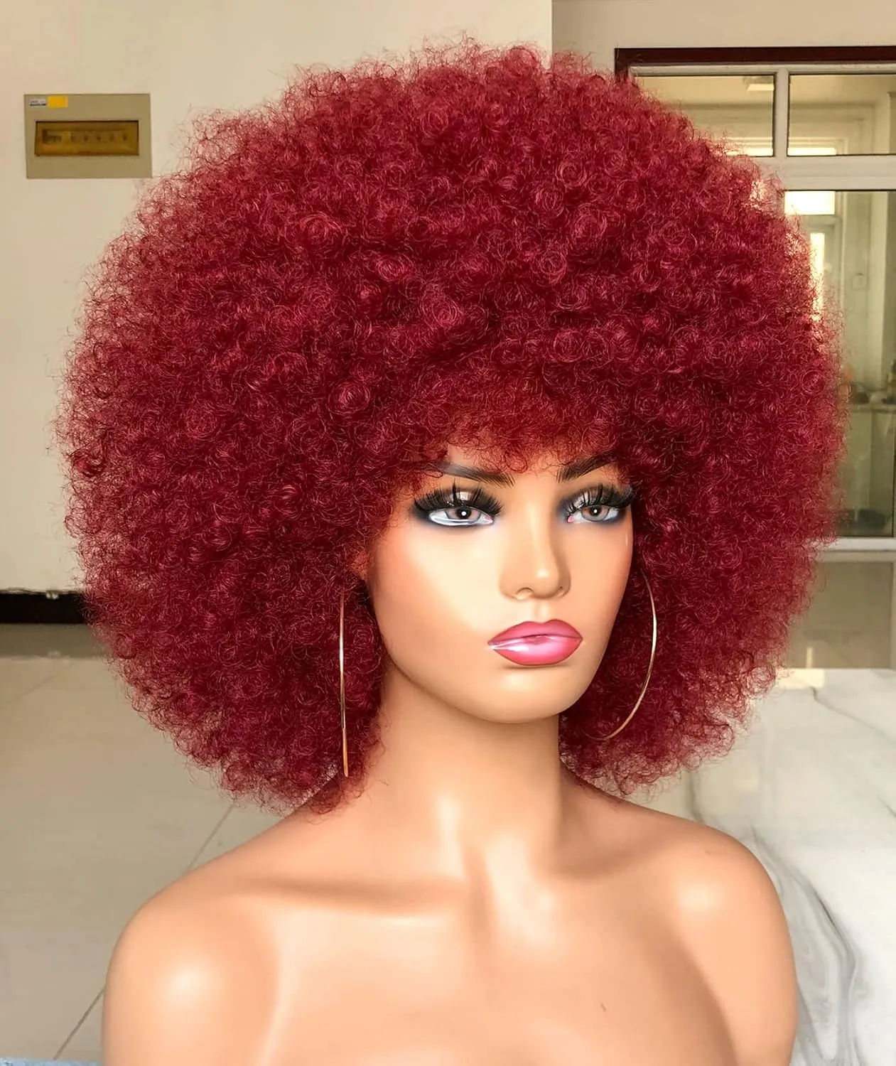 Short Afro Wig with Bangs for Black Women Afro Kinky Curly Wig 70s Premium Synthetic Big Afro Wigs(BUG)