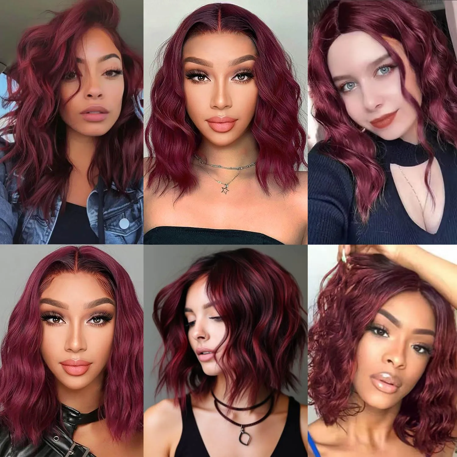 Short Wavy Bob Wigs for Women Wig with Lace Synthetic Wigs for White Women 14 Inch Middle Part Wig Curly Wigs for Black Women Shoulder Length for Daily (#BUG Red)