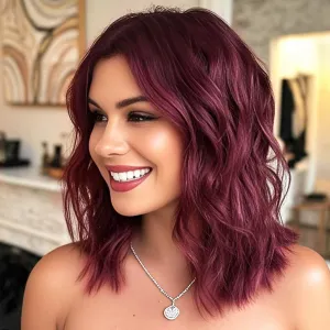 Short Wavy Bob Wigs for Women Wig with Lace Synthetic Wigs for White Women 14 Inch Middle Part Wig Curly Wigs for Black Women Shoulder Length for Daily (#BUG Red)