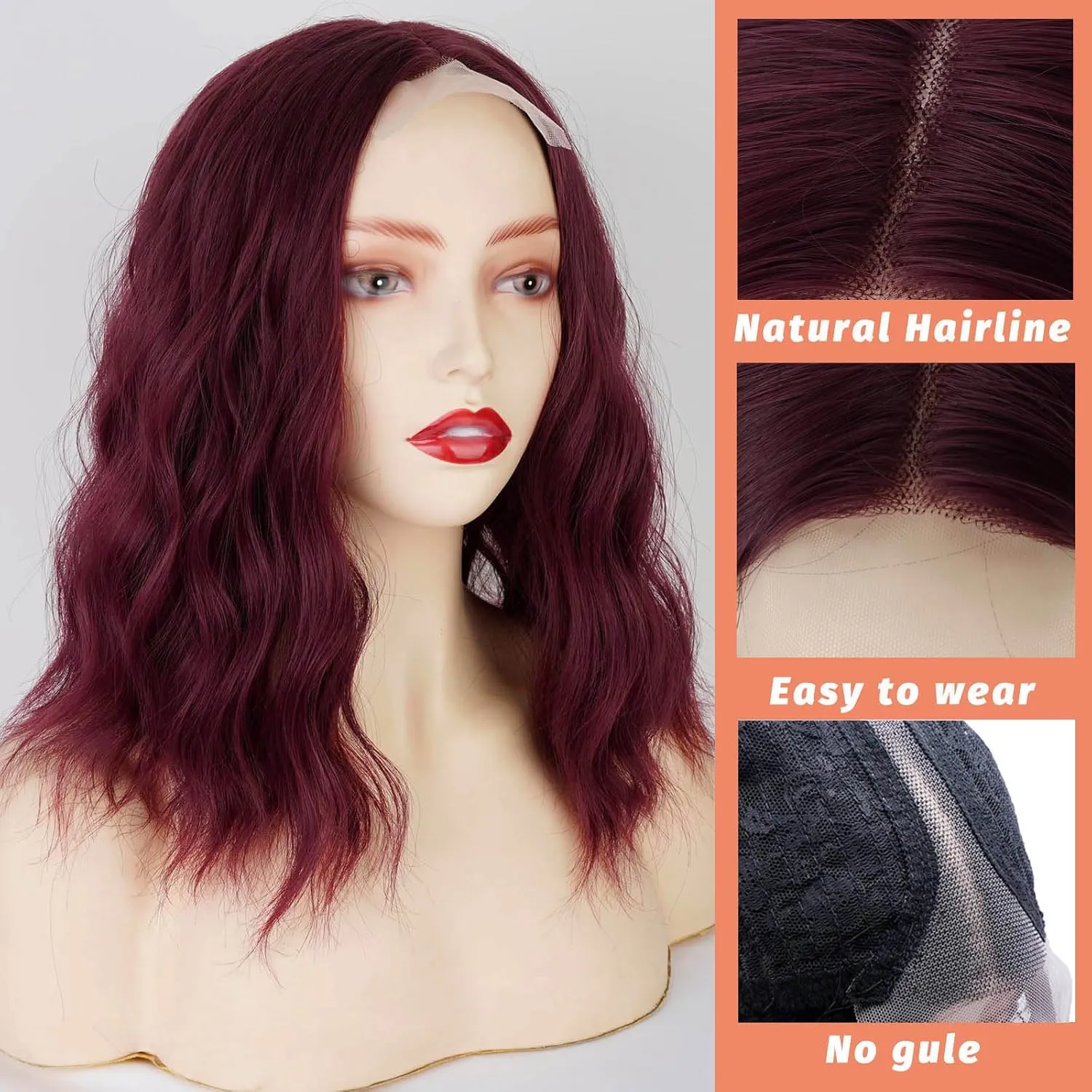 Short Wavy Bob Wigs for Women Wig with Lace Synthetic Wigs for White Women 14 Inch Middle Part Wig Curly Wigs for Black Women Shoulder Length for Daily (#BUG Red)
