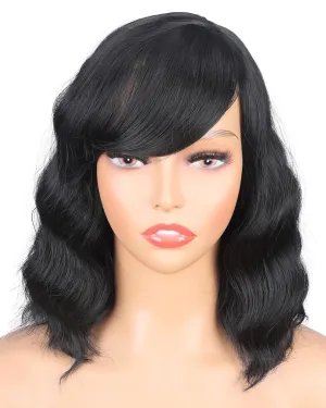 Short Wavy Wigs With Bangs 14 Inch Black Wigs For Black Women Natural Looking Soft Light Synthetic Hair Replacement Wigs Heat Resistant (14 inch,black)