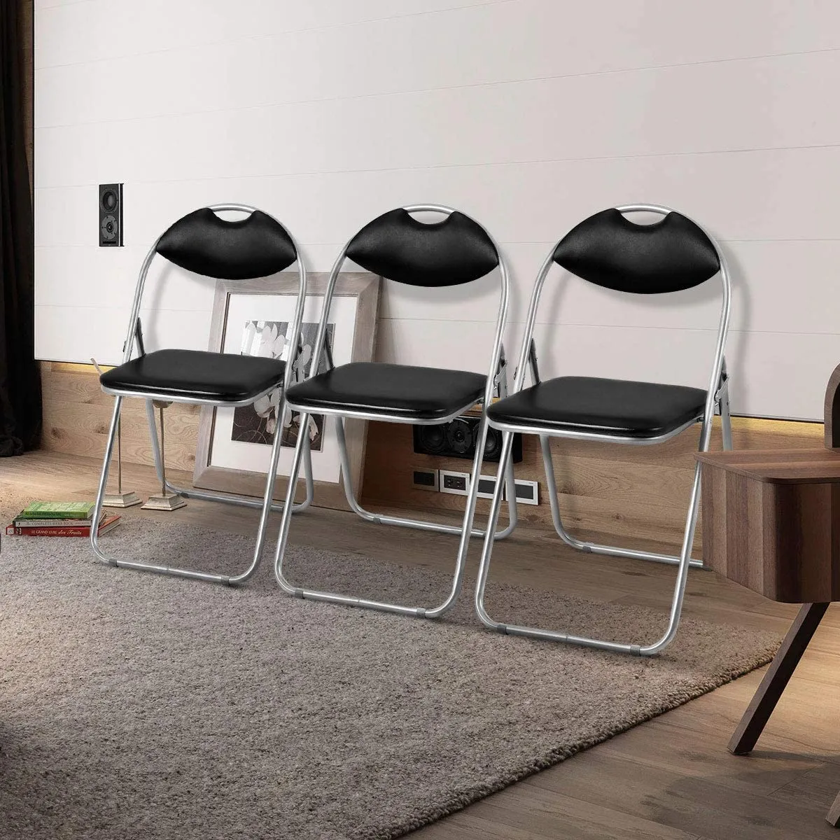 Silver Folding Steel Outdoor Dining Chair with Padded Seats in Black (Set of 6)