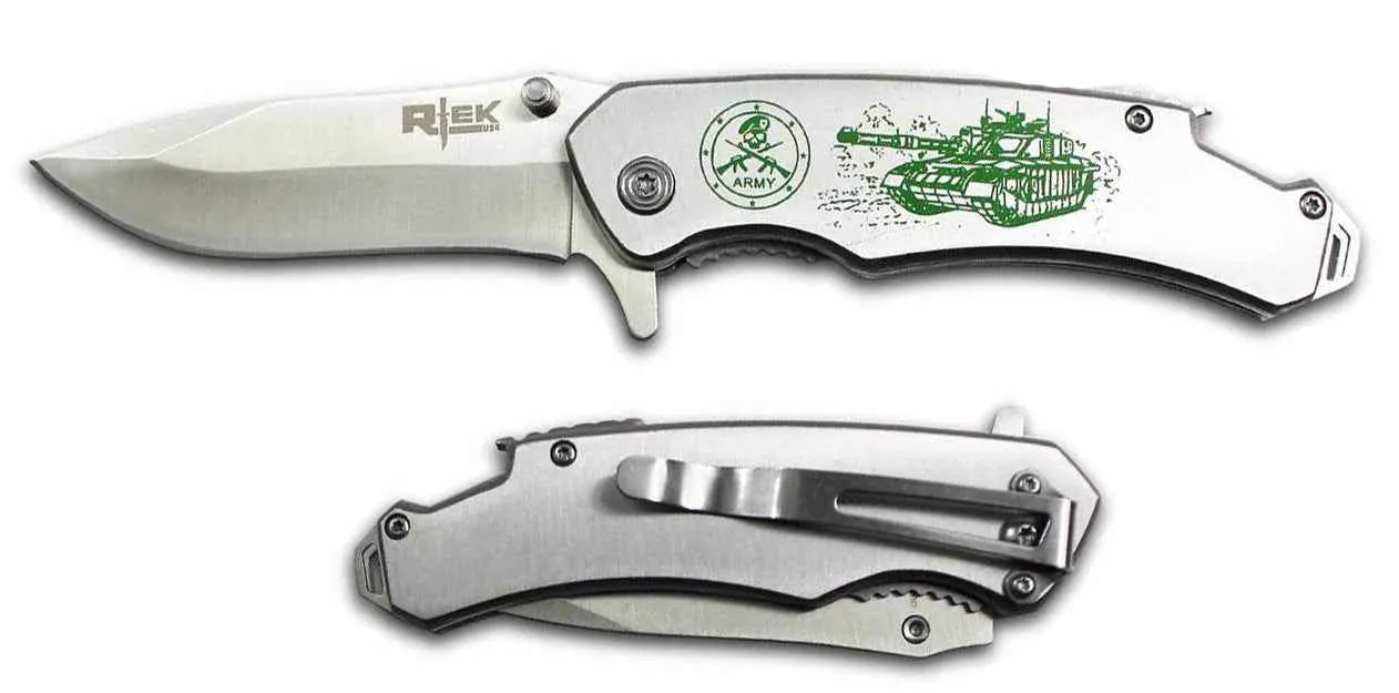 Silver US Army Stainless Steel 8-Inch Folding Knife - Durable Lock Blade with Belt Clip