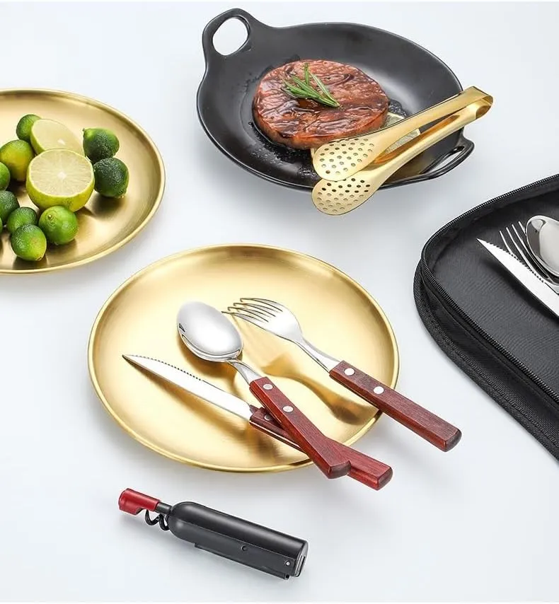 Silverware Flatware Cutlery Set, Outdoor Camping Two-Person Tableware Set 304 Stainless Steel Wooden Handle Knife, Fork, Spoon, Steak Clip, Bottle Opener,Red Silver-10Set