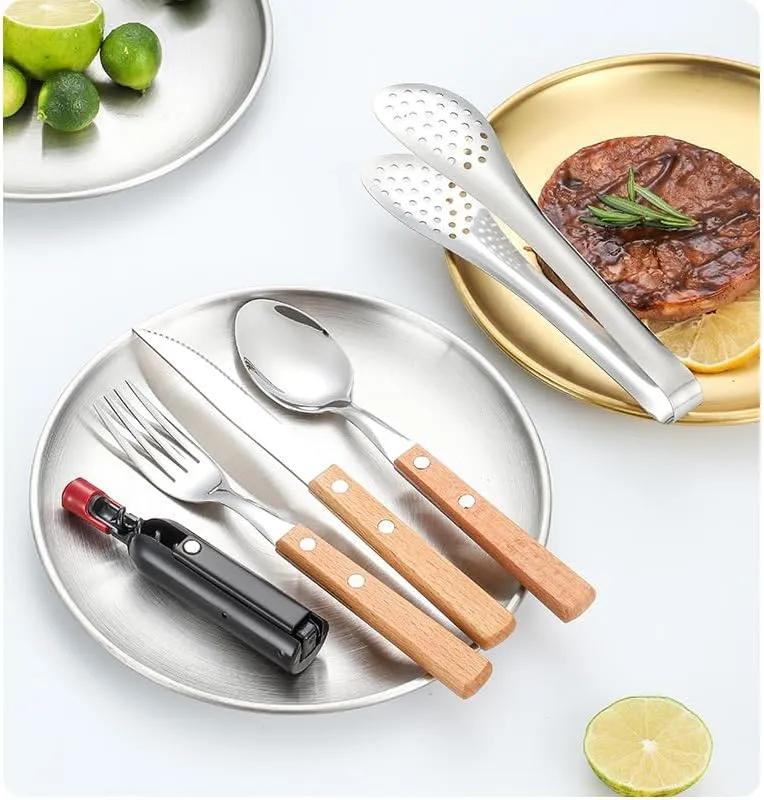 Silverware Flatware Cutlery Set, Outdoor Camping Two-Person Tableware Set 304 Stainless Steel Wooden Handle Knife, Fork, Spoon, Steak Clip, Bottle Opener,Red Silver-10Set