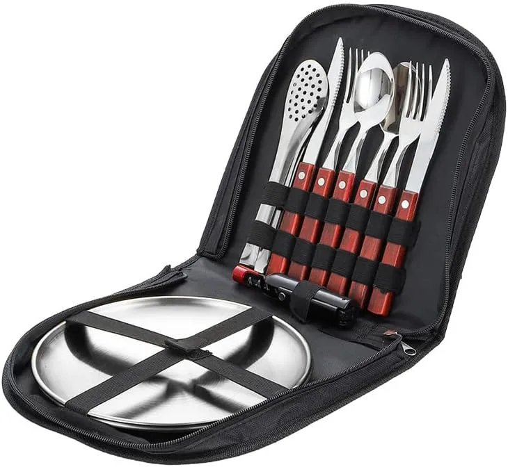 Silverware Flatware Cutlery Set, Outdoor Camping Two-Person Tableware Set 304 Stainless Steel Wooden Handle Knife, Fork, Spoon, Steak Clip, Bottle Opener,Red Silver-10Set