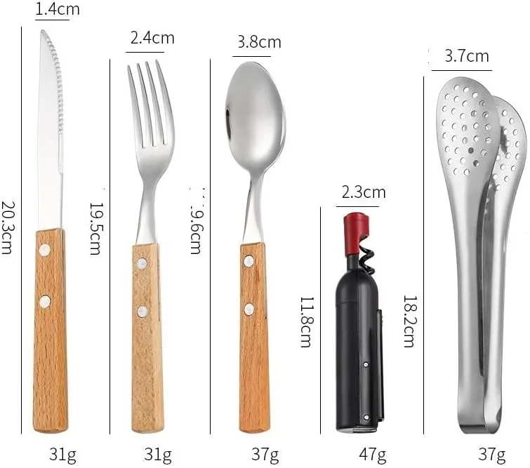 Silverware Flatware Cutlery Set, Outdoor Camping Two-Person Tableware Set 304 Stainless Steel Wooden Handle Knife, Fork, Spoon, Steak Clip, Bottle Opener,Red Silver-10Set