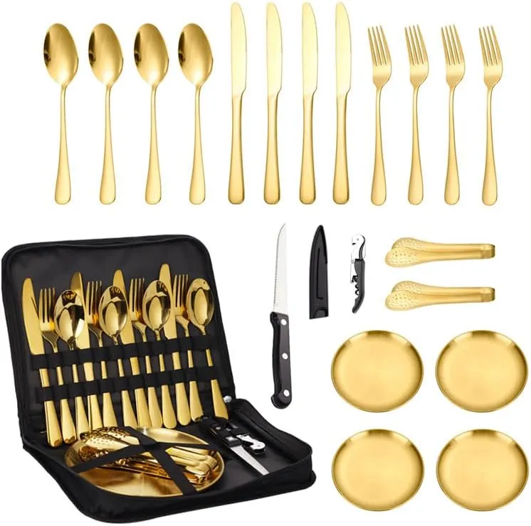 Silverware Flatware Set, 20-piece Stainless Steel Tableware Set For Outdoor Travel Camping Picnic Barbecue Plate Clip Knife Fork Spoon Bread Clip Set Portable Storage Bag(Gold)
