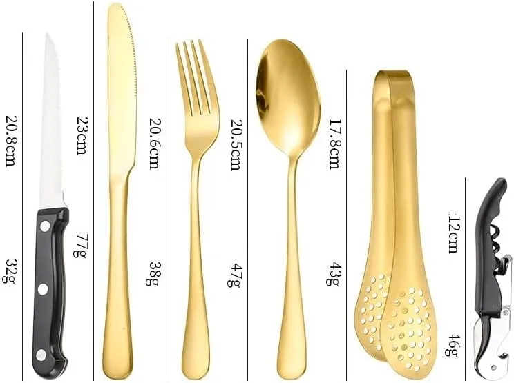 Silverware Flatware Set, 20-piece Stainless Steel Tableware Set For Outdoor Travel Camping Picnic Barbecue Plate Clip Knife Fork Spoon Bread Clip Set Portable Storage Bag(Gold)