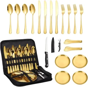 Silverware Flatware Set, 20-piece Stainless Steel Tableware Set For Outdoor Travel Camping Picnic Barbecue Plate Clip Knife Fork Spoon Bread Clip Set Portable Storage Bag(Gold)