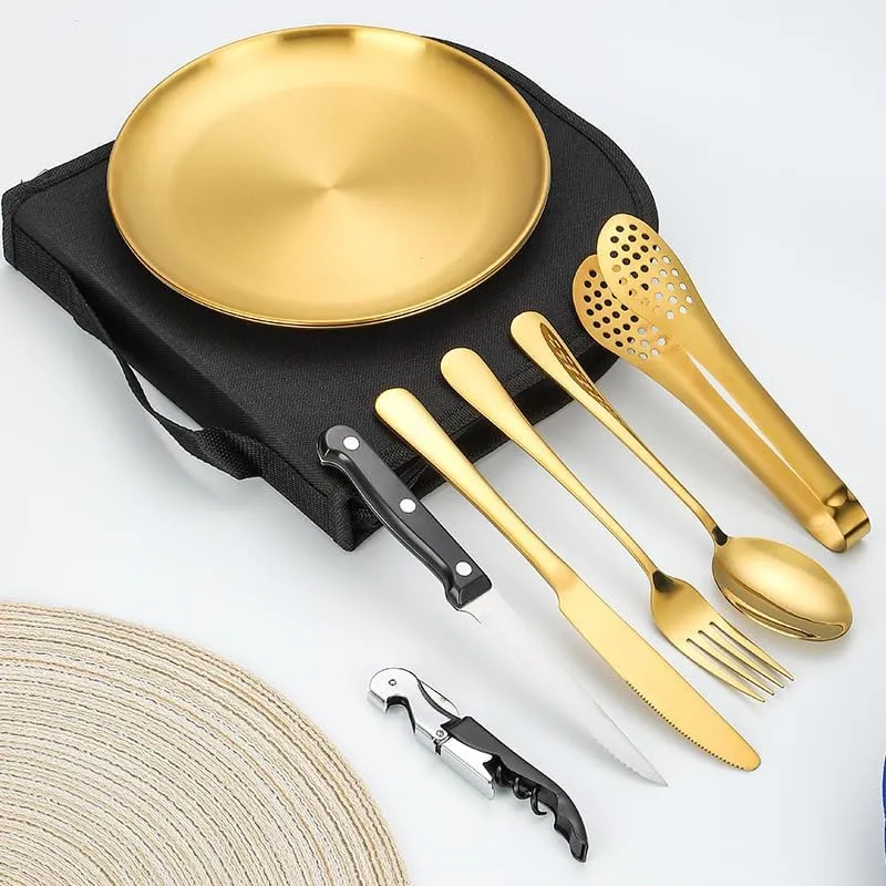 Silverware Flatware Set, 20-piece Stainless Steel Tableware Set For Outdoor Travel Camping Picnic Barbecue Plate Clip Knife Fork Spoon Bread Clip Set Portable Storage Bag(Gold)