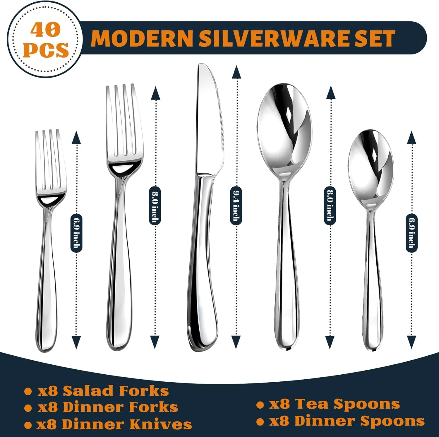 Silverware Set for 8, Heavy Duty Stainless Steel Cutlery Set Flatware Set,40 Piece Premium Silverware, Mirror Polished Modern Cutlery include Fork Knife Spoon Set,Dishwasher Safe