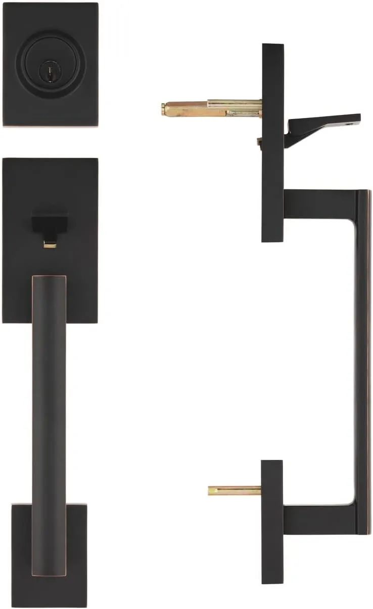 Single Door Handle Set with Single Cylinder Deadbolt, Rectangular Adjustable Entry Door Lock Set (Arch Lever, Oil Rubbed Bronze)