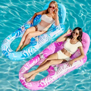 SLOOSH 2 Packs Inflatable Pool Floats Lounger Adult, Pool Float Lounge Raft Floaties Water Floating Recliner Chair with Cup Holders Foot Rest Swimming Floaty (Blue, Pink)