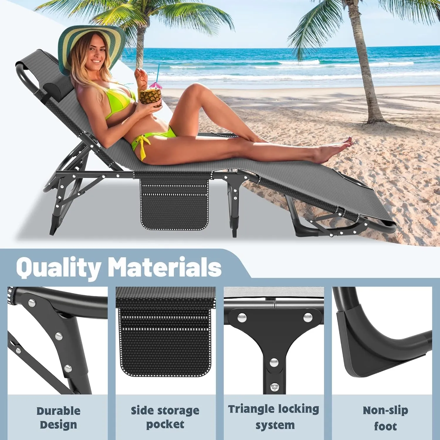 Slsy Sleeping Cots for Adults, 5-Position Folding Chaise Lounge Chairs Outdoor, Portable Folding Bed Cot Lounge Chair for Beach Lawn Camping Pool Sun Tanning