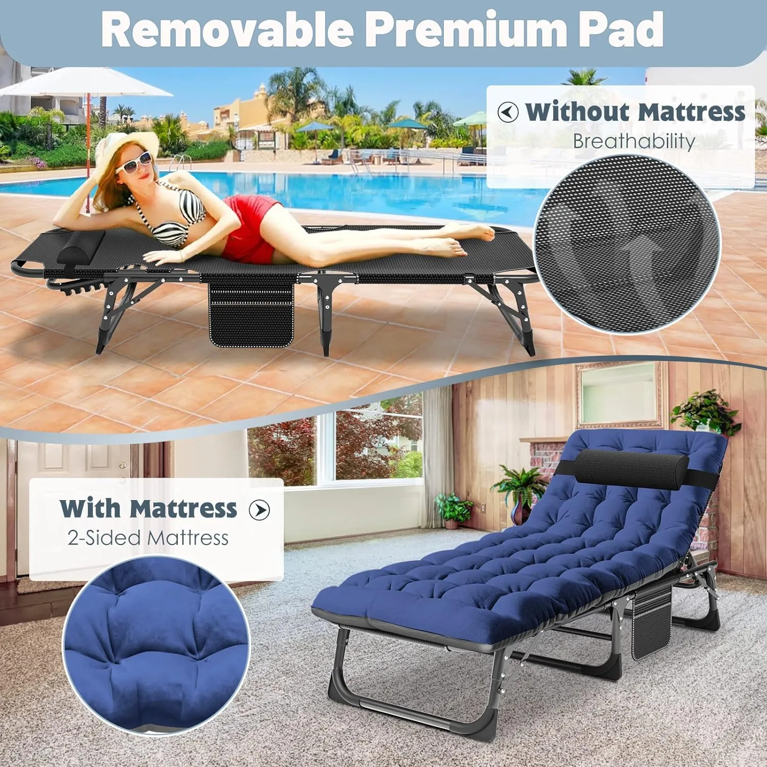 Slsy Sleeping Cots for Adults, 5-Position Folding Chaise Lounge Chairs Outdoor, Portable Folding Bed Cot Lounge Chair for Beach Lawn Camping Pool Sun Tanning
