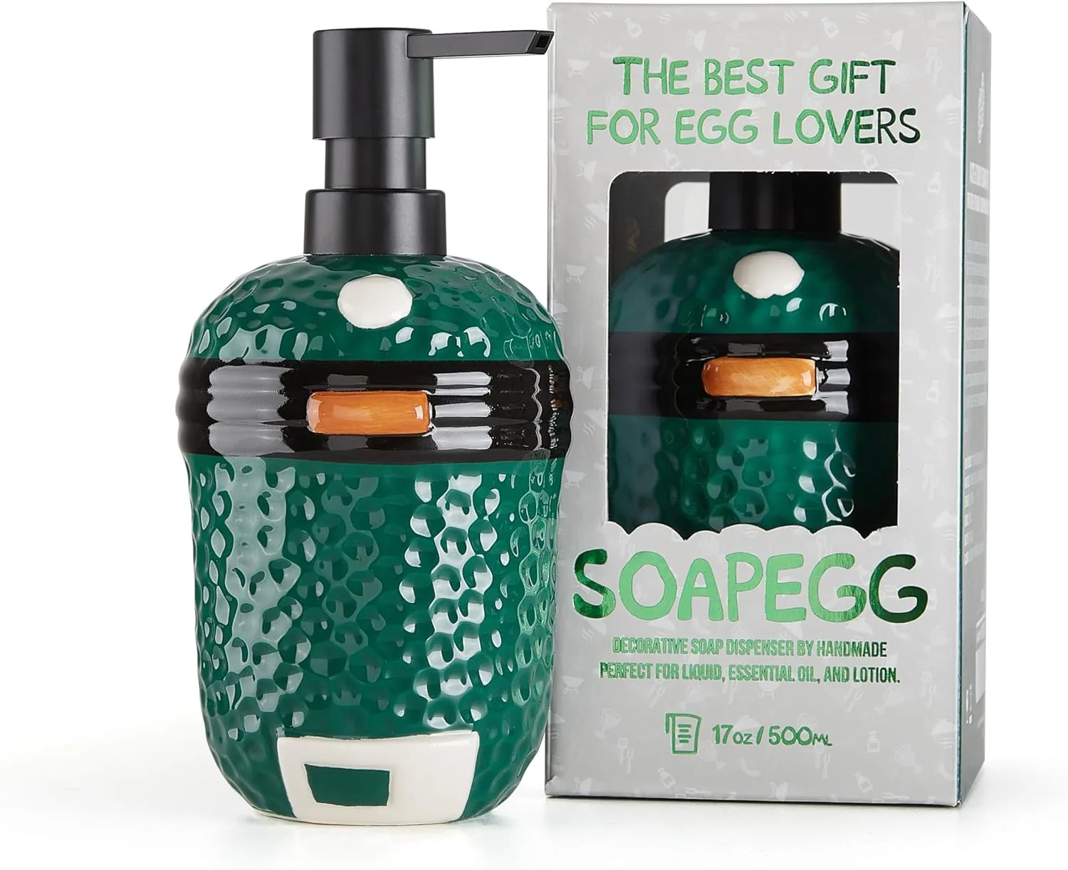 SoapEGG, the L/XL Green Egg Ornament, BGE Charcoal Grill Accessories - Lovely Ceramic Bottel with Rust Proof Pump, Works for Kitchen, Bathroom, and Outdoor Barbecue, Novelty Gift for Egghead