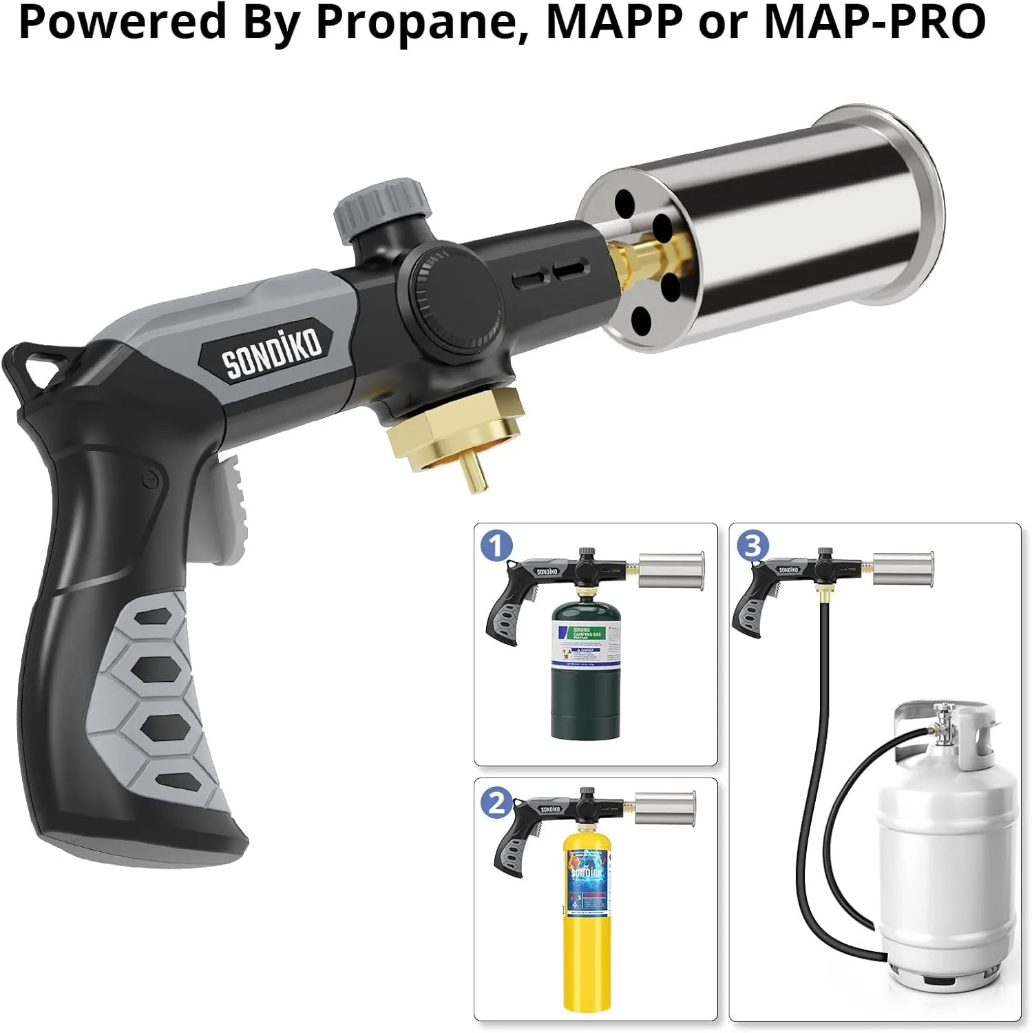 Sondiko Powerful Grill & Cooking Propane Torch L8010, Sous Vide, Campfire Starter, Adjustable Wood Torch Burner for Searing Steak, BBQ, Welding(Black, Grey) Propane Tank Not Included