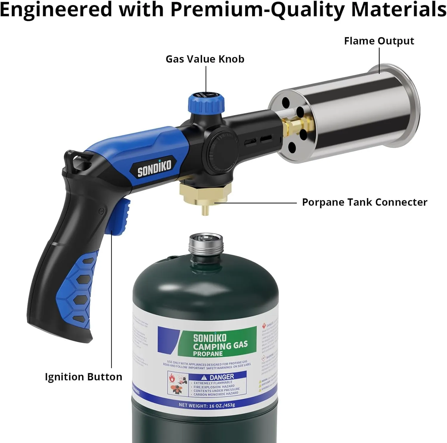 Sondiko Powerful Grill & Cooking Propane Torch L8010, Sous Vide, Campfire Starter, Adjustable Wood Torch Burner for Searing Steak, BBQ, Welding(Blue & Black) Propane Tank Not Included