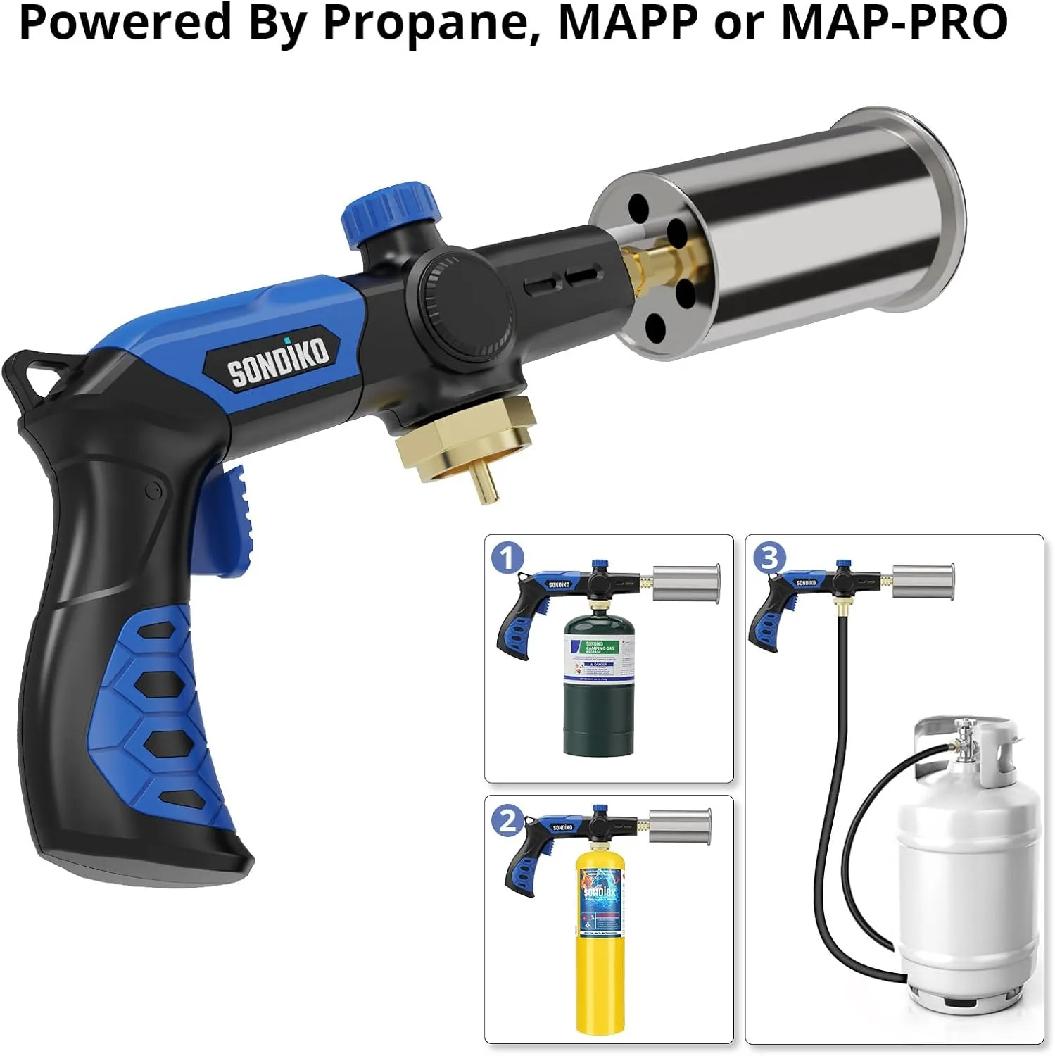Sondiko Powerful Grill & Cooking Propane Torch L8010, Sous Vide, Campfire Starter, Adjustable Wood Torch Burner for Searing Steak, BBQ, Welding(Blue & Black) Propane Tank Not Included