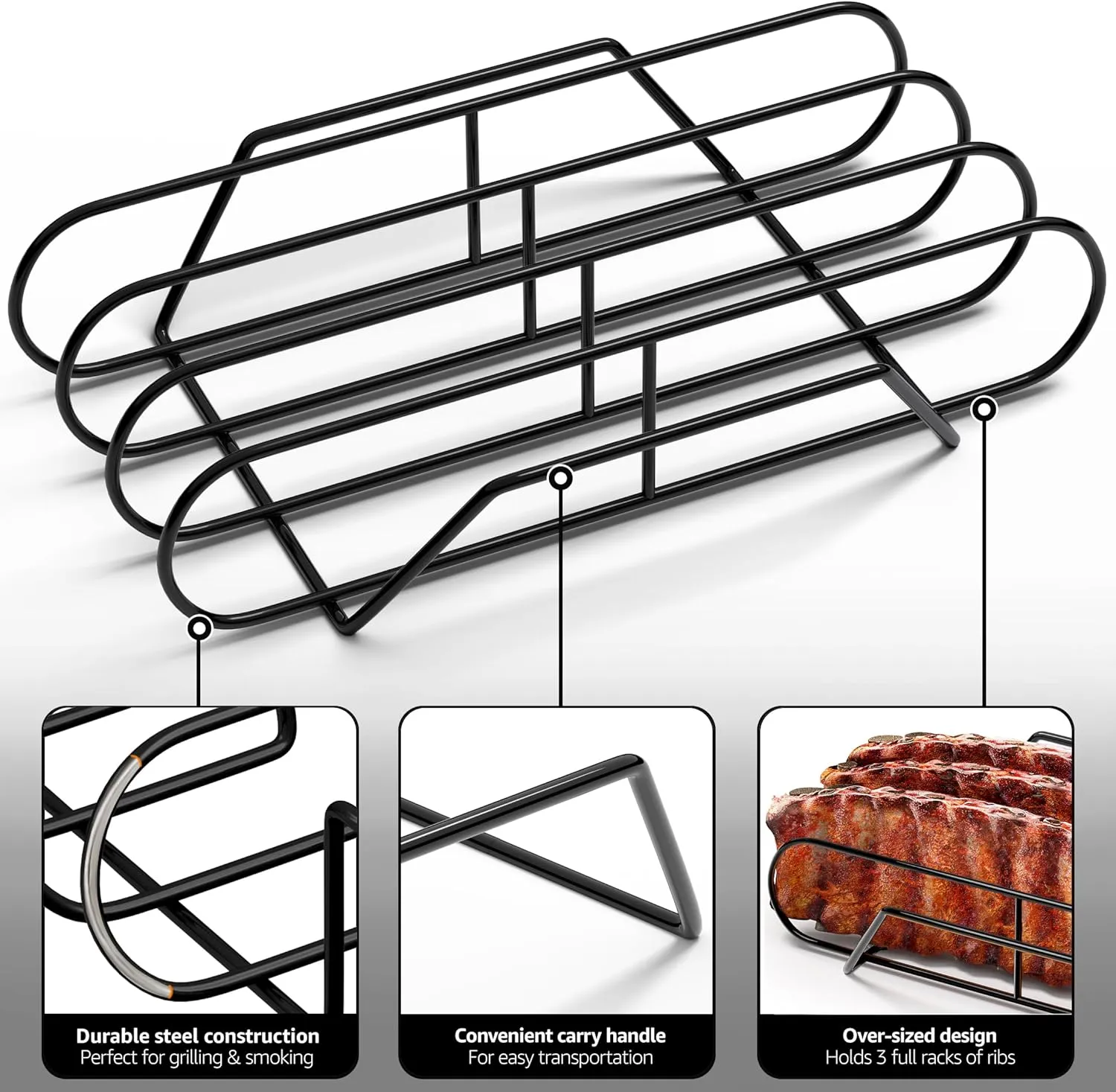 Sorbus Extra Large Non-Stick Rib Rack - Porcelain Coated Steel Roasting Stand – Holds 3 Full Rib Racks for Grilling & Barbecuing - Perfect BBQ Accessories for Smoker & Grill - Convenient Design, Black