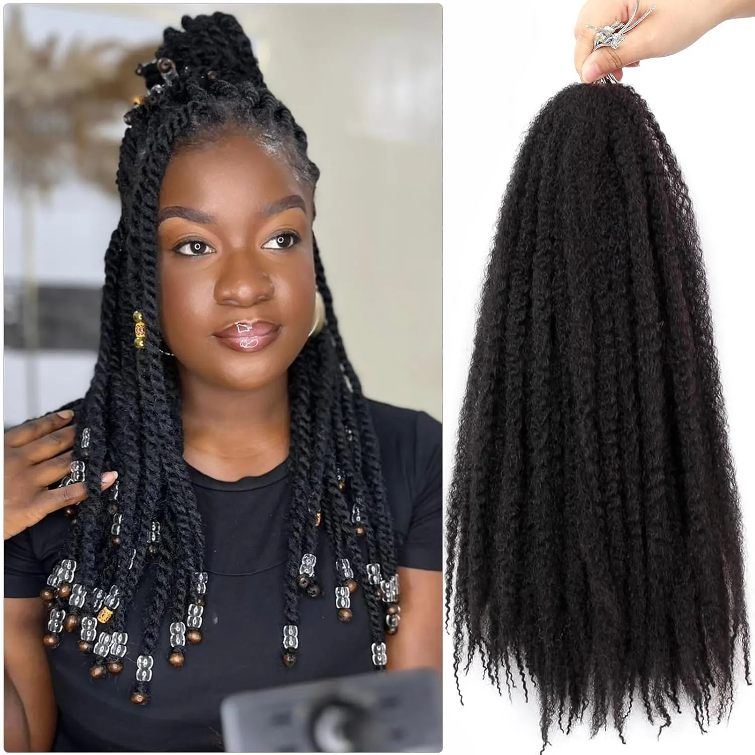 Spring Twist Marley Braiding Hair 16inch Crochet 6packs Afro Cuban Kinky Synthetic Hair Extension For Women (16inch, 6pcs, 1B)