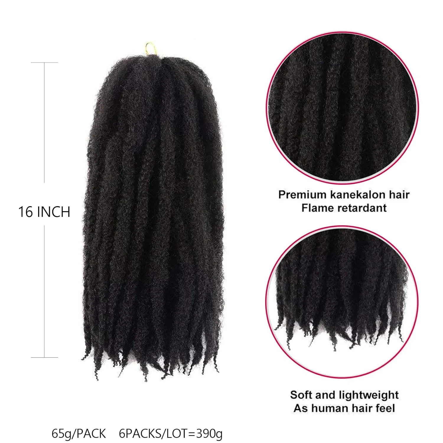 Spring Twist Marley Braiding Hair 16inch Crochet 6packs Afro Cuban Kinky Synthetic Hair Extension For Women (16inch, 6pcs, 1B)
